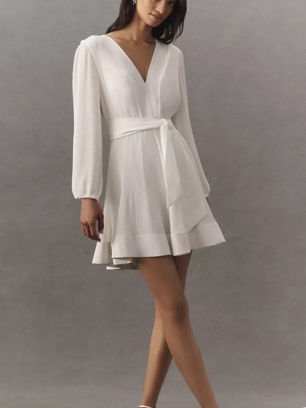 Milly Liv Pleated Mini Dress Size 0 White Belted Long Sleeve Anthropologie